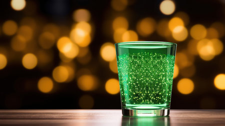 Glass of green absinthe on a wooden table against defocused lightsの素材