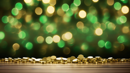 Golden coins with green bokeh background. 3D Renderingの素材