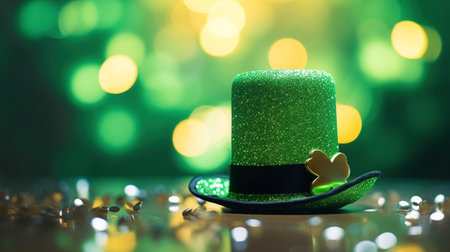 St. Patrick's Day hat and shamrock on bokeh backgroundの素材