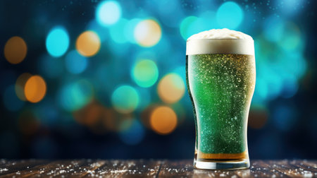 Glass of beer on wooden table on bokeh lights background.の素材