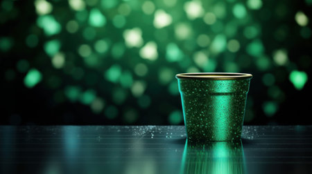 3D rendering of a metal bucket on a green bokeh backgroundの素材