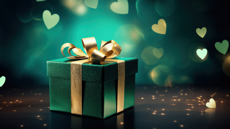 Gift box with golden bow on bokeh lights background.の素材