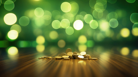 Coins stack on wooden table with green bokeh background.の素材