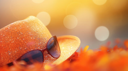 Straw hat and sunglasses on autumn leaves background with bokehの素材