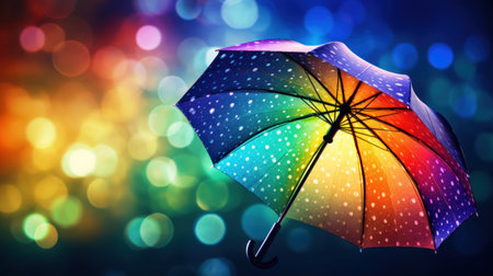 Colorful umbrella on bokeh background. Rainbow umbrella on bokeh backgroundの素材