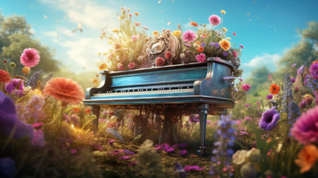 Old piano in the meadow with flowers. 3d illustration.の素材