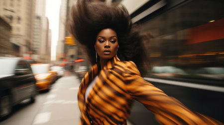 fashionable african american woman with afro hairstyle in orange coatの素材