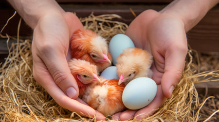 Little chicks in the hands of a child. Selective focus. nature.の素材