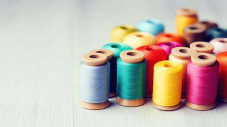 Colorful spools of thread on white wooden background, closeupの素材