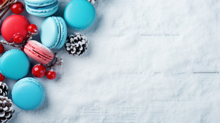 Colorful macarons on wooden background. Top view with copy spaceの素材