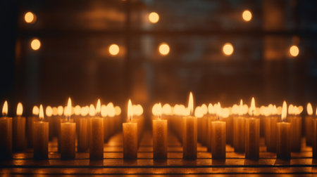 Rows of lit candles provide a serene and reflective ambiance in a dimly lit setting.の素材