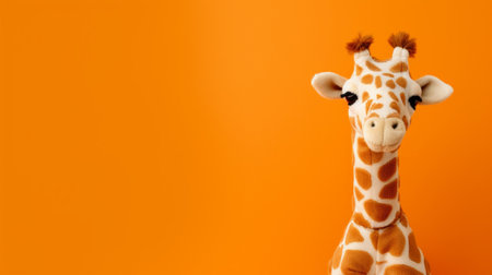 Cute stuffed giraffe toy standing against a bright orange background with copy space.の素材