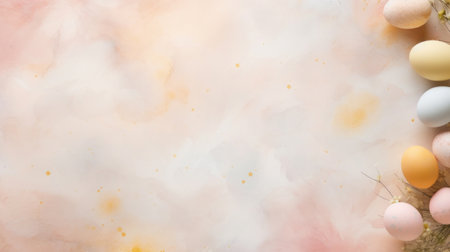 Colorful Easter eggs on a soft watercolor backdrop with golden speckles and space for text.の素材