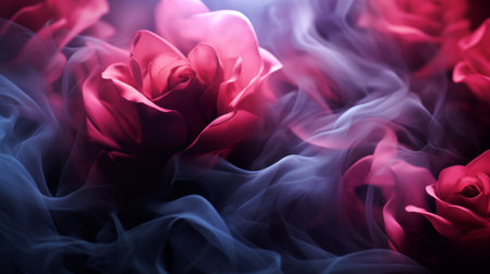 Multiple roses enveloped in a dreamy haze of pink and blue smoke, creating an otherworldly floral scene.の素材