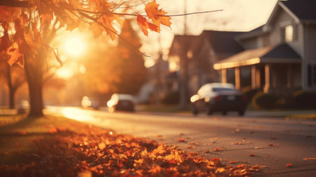 Golden hour sun flares through autumn leaves, casting a warm glow on a peaceful suburban neighborhood street.の素材