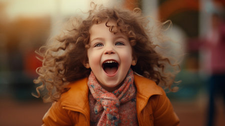 A young child with curly hair laughing with excitement, capturing the infectious joy and happiness of childhood.の素材