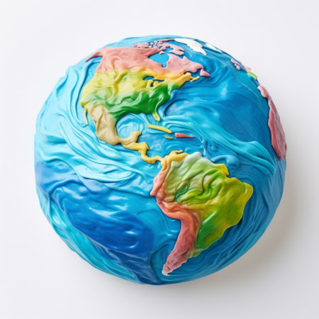 Sculpted representation of Earth with bright, swirling colors against a white background.の素材