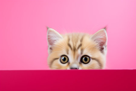 A playful young kitten with striking eyes gazing over a two-toned pink and red surface.の素材