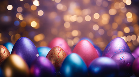 Vibrant Easter eggs with glittery finish against a shimmering bokeh light backdrop.の素材