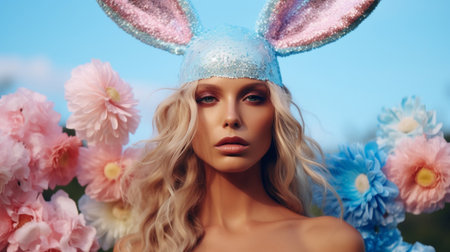 A young woman wearing sparkling bunny ears is surrounded by vibrant spring flowers under a clear blue sky.の素材