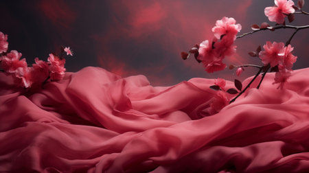 Mockup with flowers and petals on dark red and purple backgroundの素材