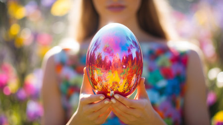 A woman in a floral dress presents a colorful crystal ball reflecting a forest, amidst a blooming garden.の素材