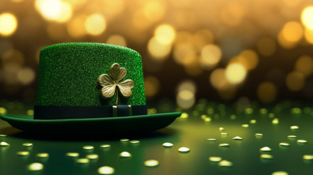 A sparkling green top hat with a golden clover emblem, symbolizing St. Patrick's Day festivities against a blurred light background.の素材