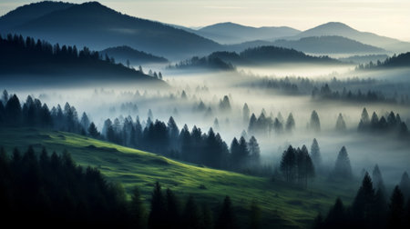 Foggy morning in the mountains. Misty landscape with coniferous forest.の素材