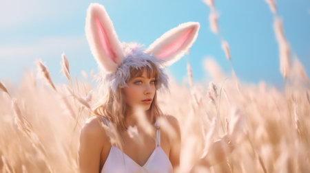 Young woman with bunny ears amidst golden wheat field under clear blue sky, evoking a dreamy atmosphere.の素材