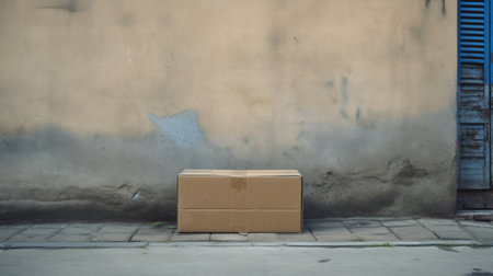 Lonely cardboard box left on a city street corner with weathered walls in the background.の素材