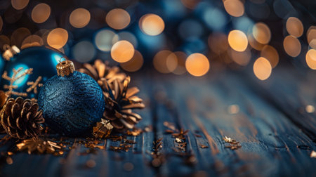 Elegant Christmas decoration with blue baubles, golden pine cones, and twinkling lights on a dark wooden background.の素材