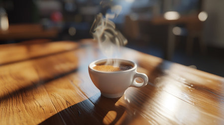 A freshly brewed espresso emits steam on a wooden table, illuminated by morning sunlight in a cozy cafe atmosphere.の素材