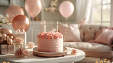 An elegant birthday celebration scene featuring a pink cake with candles, surrounded by balloons and gifts.の素材