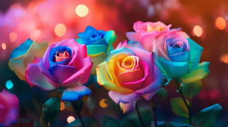 Colorful rainbow roses in full bloom against a glowing bokeh light backdrop.の素材