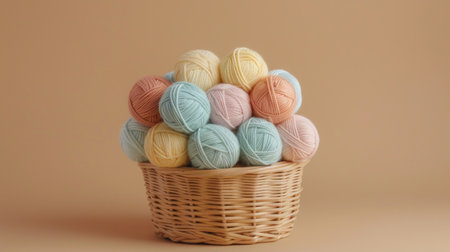 A wicker basket showcasing an assortment of colorful yarn balls, perfect for creative knitting projects.の素材