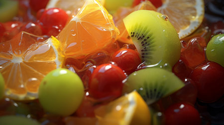 Close-up of vibrant, fresh mixed fruits with water droplets, highlighting freshness and natural textures.の素材