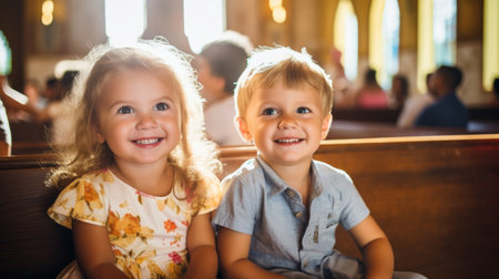 Two joyful young children sitting together on a church pew, smiling brightly.の素材