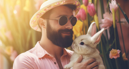 Cheerful man in a summer hat gently holding a cute bunny against a backdrop of vibrant spring flowers.の素材