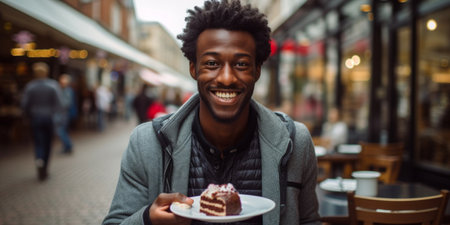 Cheerful young man holding a plate with a slice of chocolate cake, outdoor cafの素材