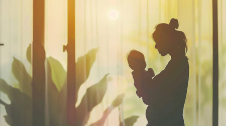 Silhouetted mother holding her baby in a warm sunset-lit room, evoking family warmth.の素材