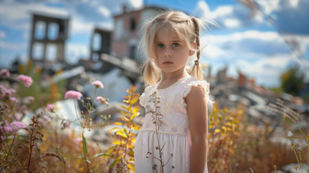 A thoughtful young girl stands in a blooming field, with a backdrop of dilapidated buildings.の素材