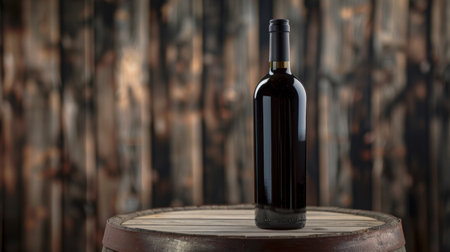 A sophisticated dark wine bottle stands atop an oak barrel in a rustic setting.の素材