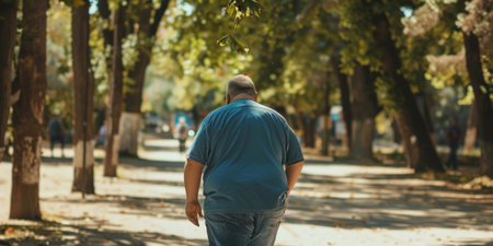 A solitary man walks away on a sun-drenched pathway surrounded by the calm of green trees in a peaceful park setting.の素材