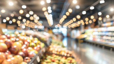 Blurred view of a grocery store interior with bright bokeh lighting effects.の素材