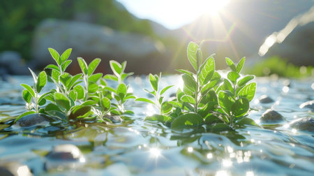 Sunlight gleaming on young green plants sprouting in sparkling water, symbolizing growth and vitality.の素材