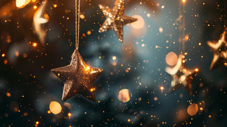 A sparkling golden star Christmas ornament hangs against a dark blue, bokeh light-filled backdrop.の素材