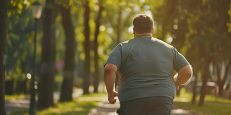 Back view of a man jogging through a sunlit park at dawn, highlighting an active and healthy lifestyle.の素材