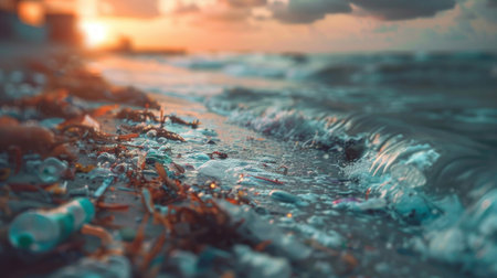 Sunset over a polluted beach littered with plastic trash and debris, highlighting environmental concerns.の素材