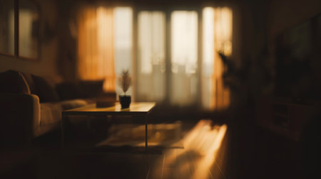 The soft focus of a cozy living room bathed in warm light through curtains creates a peaceful and inviting atmosphere.の素材