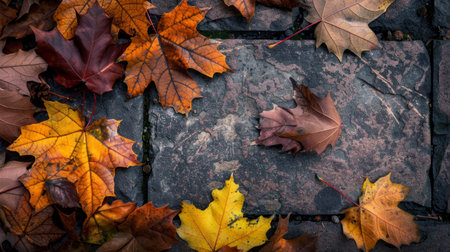Vivid autumn leaves scattered on a wet cobblestone path, symbolizing the change of seasons.の素材
